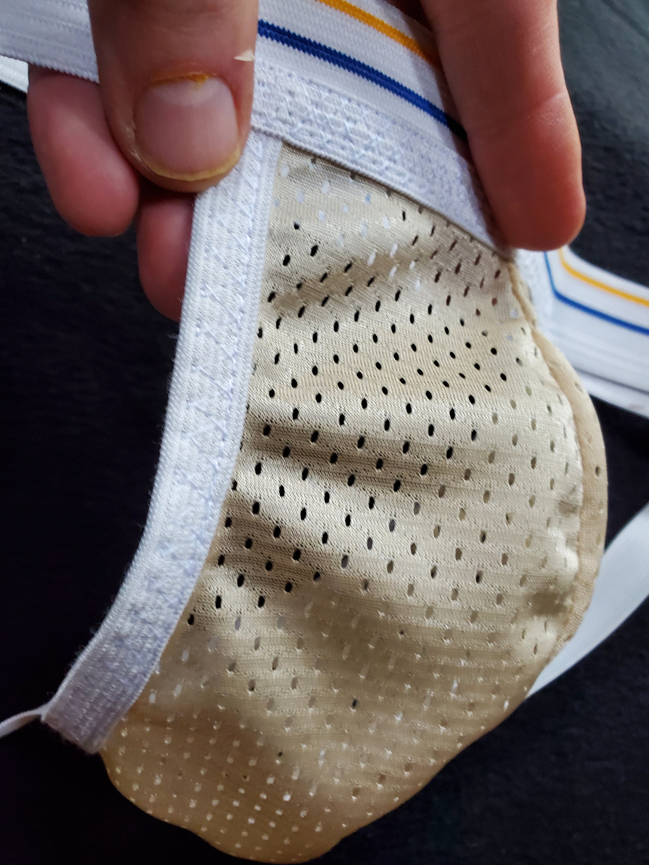 Gold Mesh Sport Jock, White Waistband With Yellow and Blue Stripes, Lightweight Jockstrap