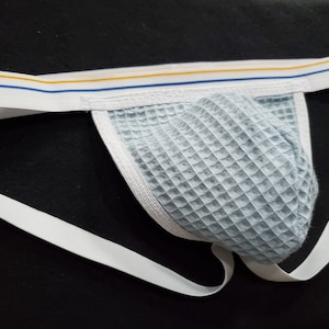 Retro Style Jock, Traditional Jockstrap, Athletic Supporter, Comfortable, Soft Blue Waffle Fabric, Striped Waistband