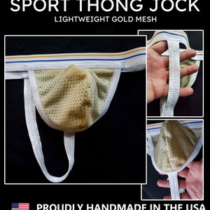 Mens Mesh Sport Thong Jock, White Waistband with Yellow and Blue Stripes, Lightweight Thong, Mesh Pouch , Running, Walking, Swimming Thong