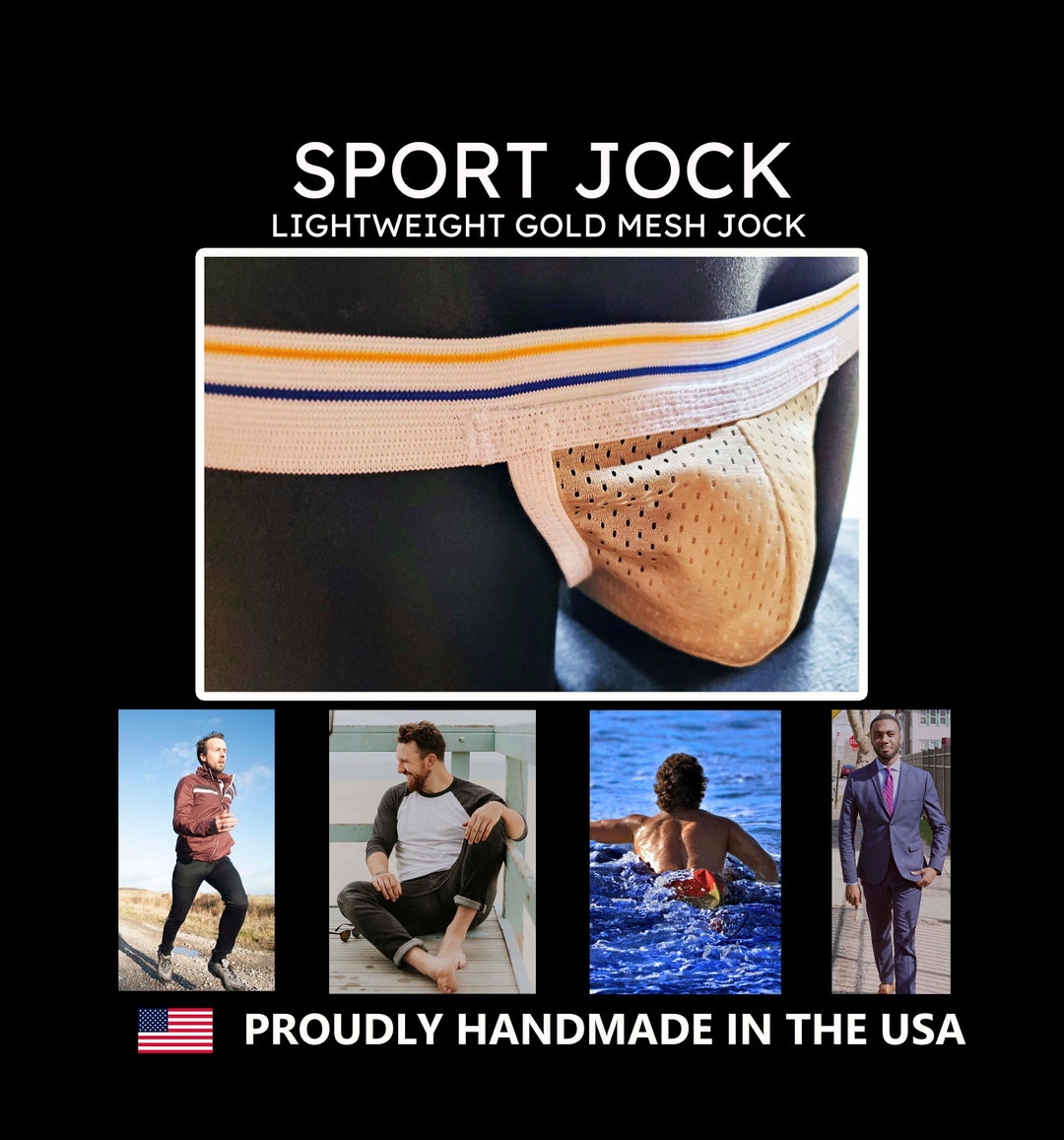 Gold Mesh Sport Jock, White Waistband With Yellow and Blue Stripes