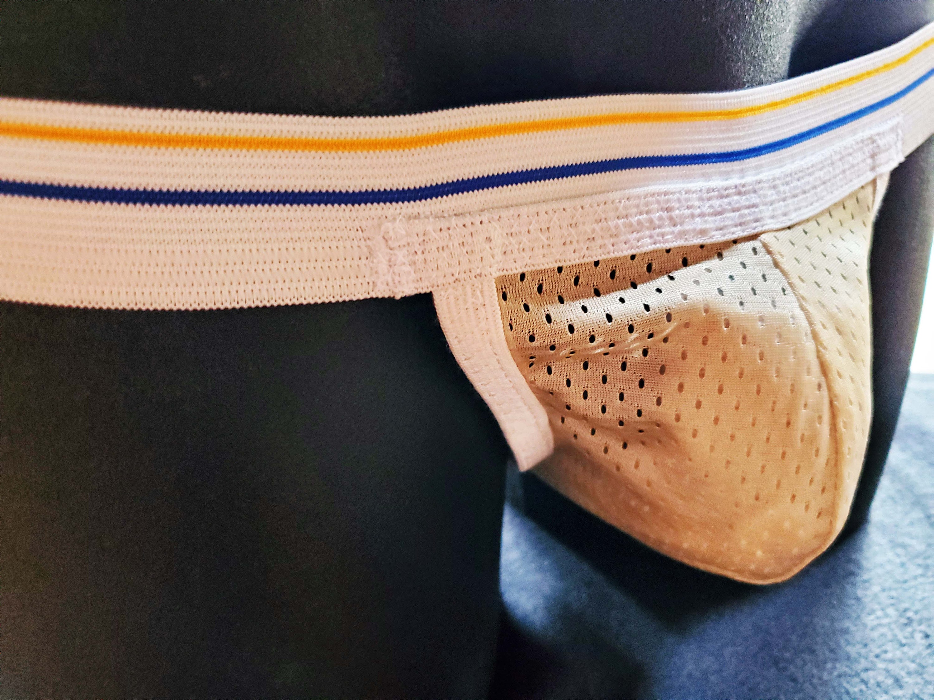 Gold Mesh Sport Jock, White Waistband With Yellow and Blue Stripes, Lightweight Jockstrap