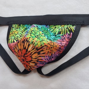 Modern Style Jockstrap, Fireworks Colorful Fabric Pouch, Jock with Black Waistband, Low-Rise Athletic Supporter, Comfortable, Slim Style