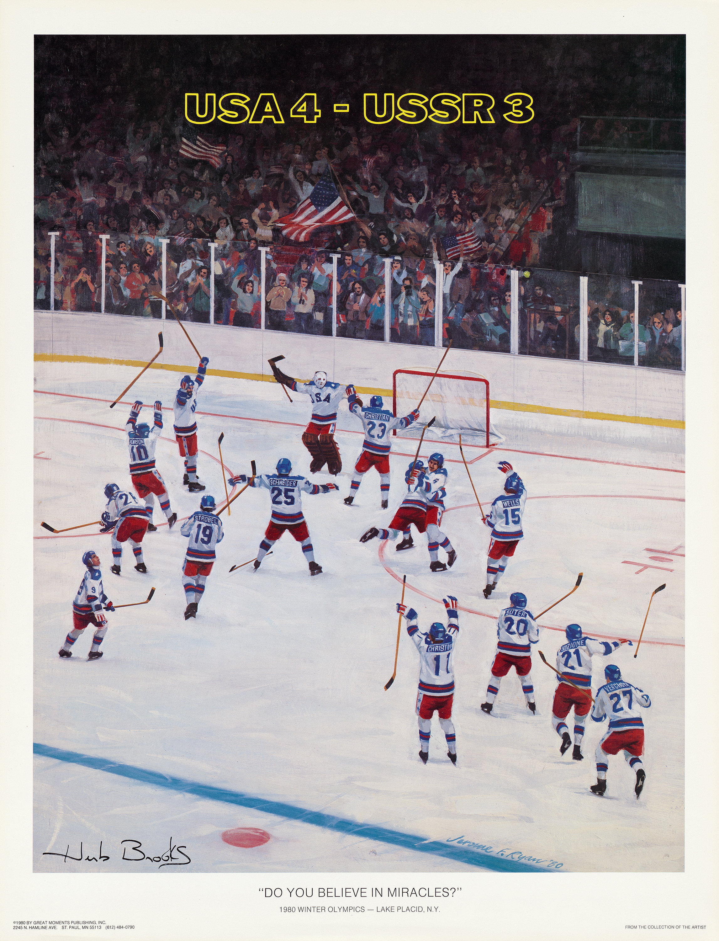 Queuing Beatrice V. Ronald 1980 版画 1980 Olympic Hockey - Do You Believe in Miracles Plate Signed by
