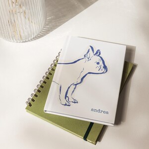 May include: A white notebook featuring a blue dog illustration and the name "andrea". It rests on a green notebook with a spiral binding. The notebooks are stacked.