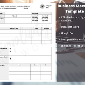 Business Meeting Template - Digital Download, Editable, Meeting Agenda, Meeting Template, Meeting Minutes - MS Word & Google Doc