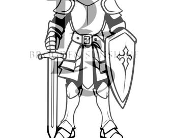 以下が含まれることがあります： 剣と盾を持ったプレートアーマー姿の騎士が描かれた白黒の塗り絵ページ。ページ下部には「Armor of God」、聖句「Ephesians 6:13」、名前を記入するための線が記載されています。