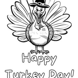 Printable Shareable Happy Turkey Day Thanksgiving Color Sheet Kids Parties Sunday School Handout PDF Fall Junior Church Children Pilgrim