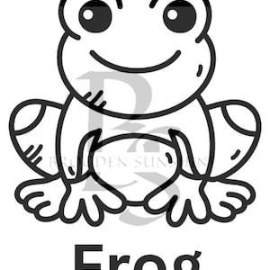 May include: A black and white line drawing of a frog with big eyes and a wide smile. The word "Frog" is written below the image.