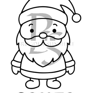 May include: A black and white line drawing of Santa Claus. He is wearing a hat with a pom-pom, a long beard, and a suit with a belt. The word "SANTA" is written below the image.