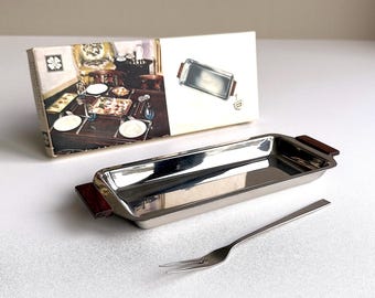 Vintage Servier-Set . Platte . Gabel . Kleeblatt . West-Deutschland . Cromargan . neu . original Karton . 60er . Mid Century