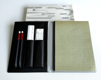 Vintage architect portfolio. Aristo slide rule. 60s. Mid-Century. Stabilo 8850. Drawing pad. Made in Germany