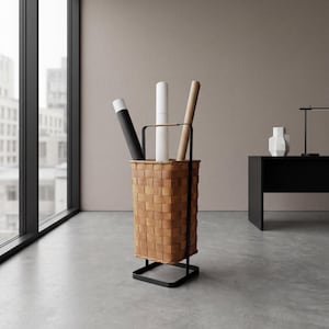 Paragüero vintage. Mimbre. Chapa de madera. Metal. Cuadrado. Años 60. Estilo moderno de mediados de siglo. imagen 2