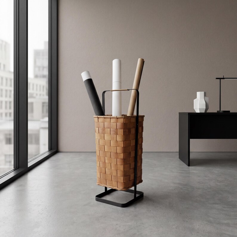 Paragüero vintage. Mimbre. Chapa de madera. Metal. Cuadrado. Años 60. Estilo moderno de mediados de siglo. imagen 2