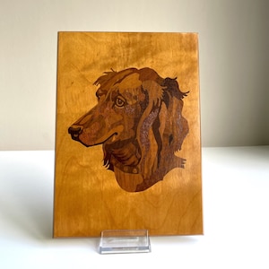 Vintage veneer picture . Dachshund . Wood inlay . Marquetry . Art . Handcraft . 50s . 60s . Arts and crafts . Dachshund . Teckel . MCM
