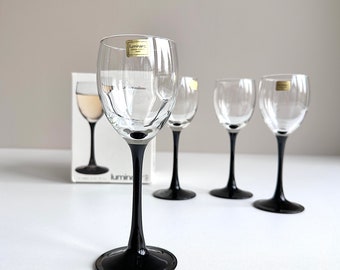 Vintage Luminarc wine glasses. Set of 4 glasses. Domino. Original box. Clear glass. Black opal glass. 80s