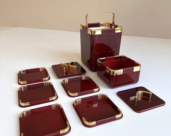 Vintage Bar Set . Turnwald Collection . Ice bucket . Coasters . Bordeaux Red . Gold . 70s. 80s . Hollywood Regency . Bar . Cocktail Party