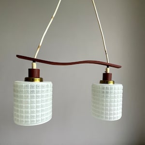 Vintage pendant lamp . Hanging lamp . Teak . Frosted glass . MCM . Danish design . Relief . Cylinder
