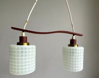 Vintage pendant lamp . Hanging lamp . Teak . Frosted glass . MCM . Danish design . Relief . Cylinder