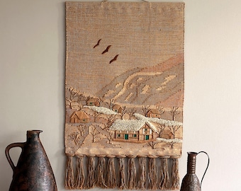 Vintage wall hanging . Jute . 70s . Handmade . Woven . Naive . Boho . Mid-century . Arts and crafts