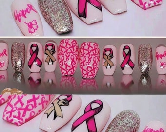 Breast Cancer Awareness, pink ribbon, press on nails