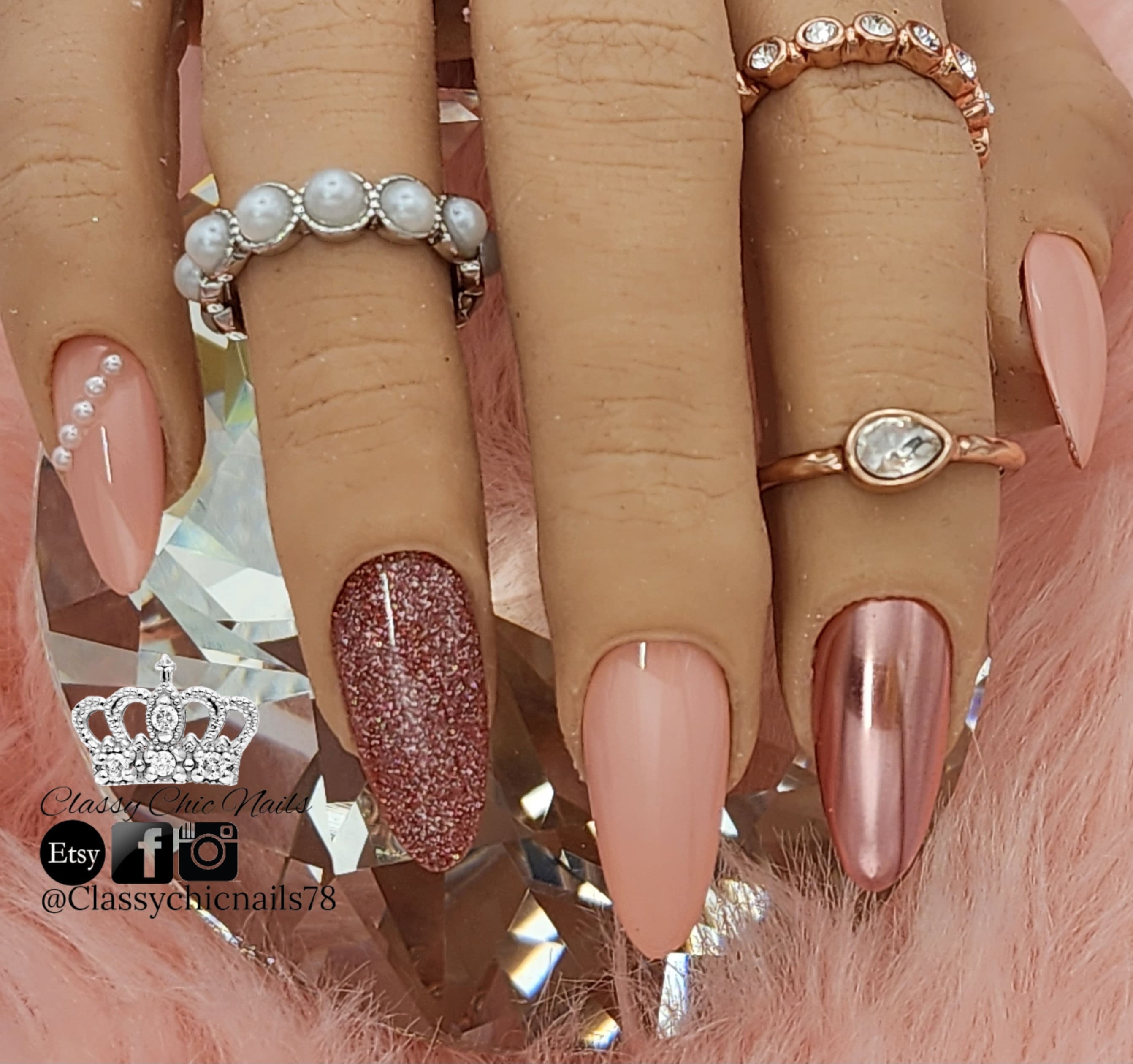 Rose Gold Chrome Press on Nails: Pink Glitter Pearl Nail Extensions - Etsy Rose Gold Chrome Press on Nails: Pink Glitter Pearl Nail Extensions - Etsy