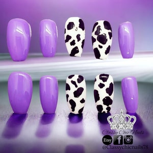 Press on nails, glue on, purple cow print, artificial nail extensions