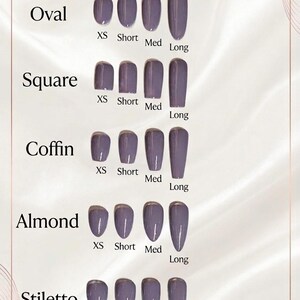 May include: A nail shape and length guide titled Our Signature Shapes & Lengths Guide. It displays purple press-on nails in oval, square, coffin, almond, and stiletto styles, each in XS, short, medium, and long lengths, with Classy Chic Nails78 at the bottom.