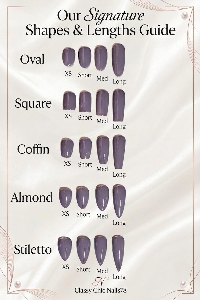 May include: A nail shape and length guide titled Our Signature Shapes & Lengths Guide. It displays purple press-on nails in oval, square, coffin, almond, and stiletto styles, each in XS, short, medium, and long lengths, with Classy Chic Nails78 at the bottom.