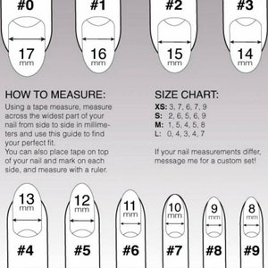 Puede incluir: Una tabla de tallas de u&ntilde;as con medidas en mil&iacute;metros, que van desde 8 mm hasta 17 mm. Incluye una tabla de tallas para XS, S, M y L, e instrucciones sobre c&oacute;mo medir las u&ntilde;as para un ajuste perfecto.