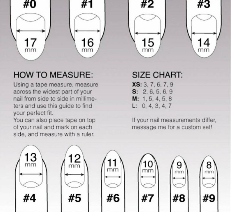 Puede incluir: Una tabla de tallas de u&ntilde;as con medidas en mil&iacute;metros, que van desde 8 mm hasta 17 mm. Incluye una tabla de tallas para XS, S, M y L, e instrucciones sobre c&oacute;mo medir las u&ntilde;as para un ajuste perfecto.
