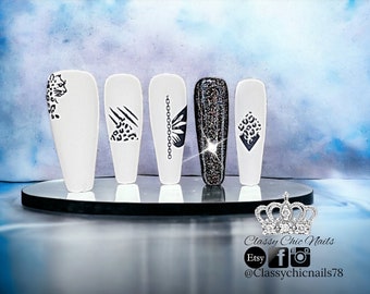 Press on nails, glue on, Cheetah print, matte black and grey, artifical nail extentions