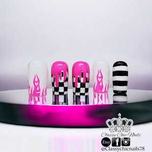 Press on nails, glue on, pink checkered, flame, neon, artificial nail extensions