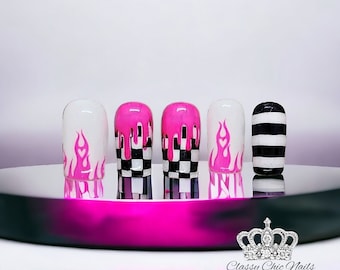 Uñas postizas, pegadas, a cuadros rosas, con llamas, neón, extensiones de uñas artificiales