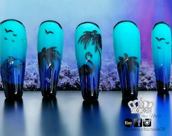 Tropical beach, blue and black press on nails