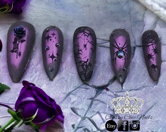 Halloween, Purple Spider, 3D Rose, Matte, Rhinestones, press on nails