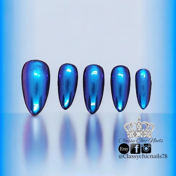 Press on nails, glue on, Duochrome #15 |purple blue chrome, mirror effect, artificial nail extensions