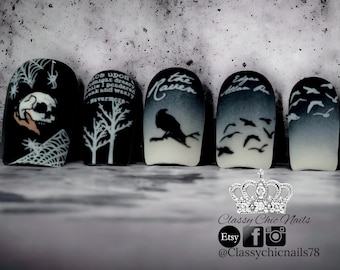 Edgar Allan Poe, Matte Black & White Halloween, press on nails