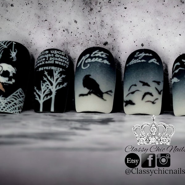 Press on nails, glue on, black and white nails, Halloween, matte, artifical nail extentions