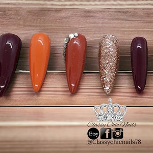 Press on nails, glue on, Fall colors, rhinestone, autumn, artifical nail extentions
