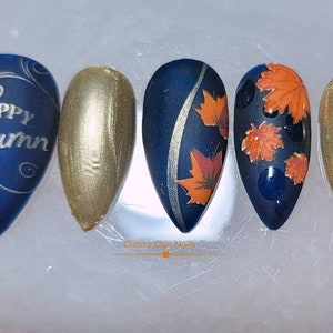 Autumn, matte fall, blue and gold, fall leaves, water drops. Press on nails, Glue on nails
