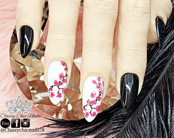 Uñas postizas, pegamento, flor de cerezo en blanco y negro, extensiones de uñas artificiales