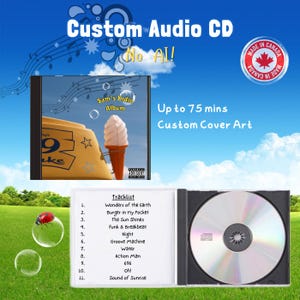 Könnte beinhalten: Eine benutzerdefinierte Audio-CD in einer schwarzen Kunststoffhülle mit Cover-Art, die eine Eistüte und den Text Sam's Indie Album zeigt. Das Back-Inlay listet elf Titel auf, darunter Wonders of the Earth und Burger in my Pocket. Mit Made in Canada Siegel.