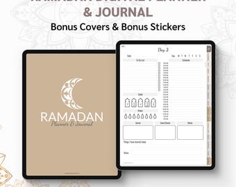 May include: A digital planner and journal for Ramadan with a brown crescent moon design on the cover. The planner includes sections for daily schedule, to-do list, Quran, water, good deeds, meals, and notes. The journal also includes a section for things learned today.