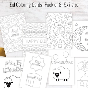 May include: A set of eight black and white coloring cards featuring various Eid Mubarak designs. The cards are 5x7 inches and include images of a crescent moon, a mosque, a sheep, and Arabic calligraphy.
