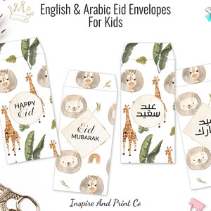 May include: White Eid envelopes for kids with watercolor illustrations of giraffes, lions, and tropical leaves. The envelopes feature the phrases "Happy Eid", "Eid Mubarak", and Arabic text. The text "English & Arabic Eid Envelopes For Kids" is also visible.