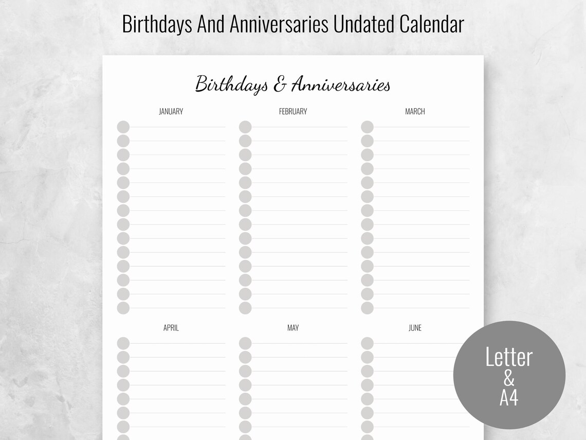 Printable Birthday Calendar Minimalist Perpetual Monthly Etsy