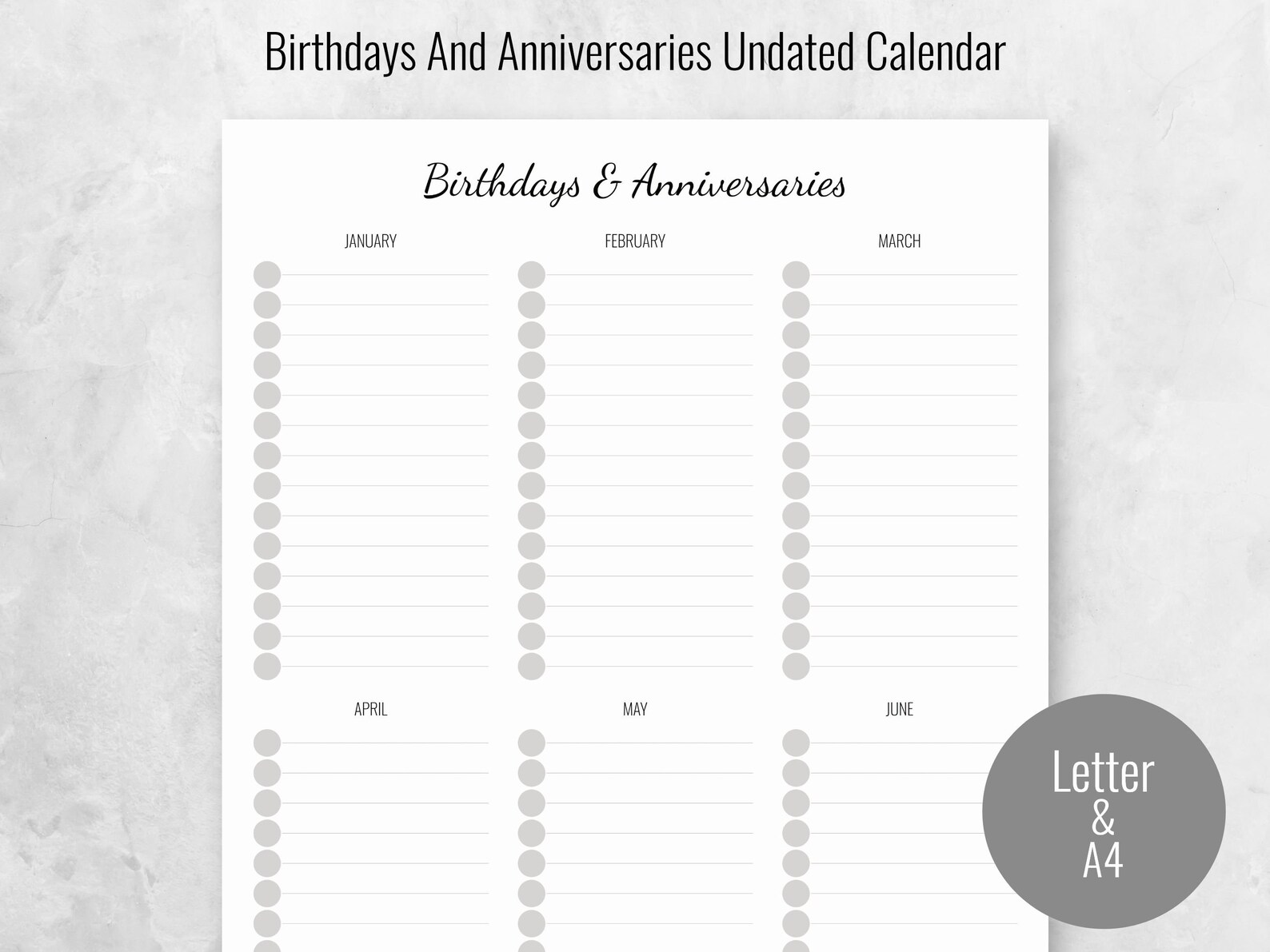 Printable birthday calendar minimalist perpetual monthly etsy