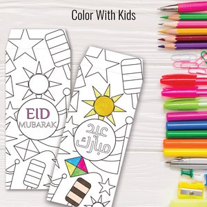May include: Two blank coloring pages for kids to color. One page features the text "Eid Mubarak" and the other page features the Arabic text "Eid Mubarak". Both pages feature stars, sun, and ice cream cones.