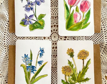 Watercolor Spring Floral Greeting Cards, set of 8 wildflower notecards on size 4.25 in x 5.5 in cards, flower stationary