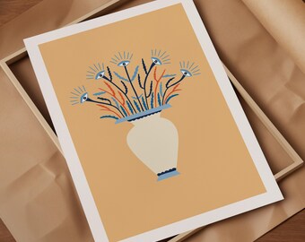 Stampa di un vaso di fiori con occhi surreali: decorazione per la stanza ispirata all'arte greca